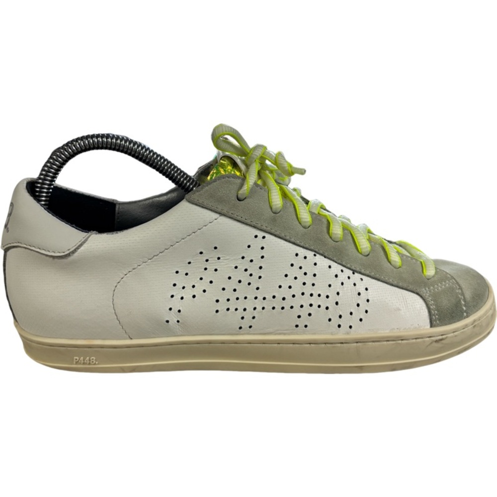 P448 John White Grey Suede Yellow Low Top Sneakers Women's Sz 38 US 7.5 Neon